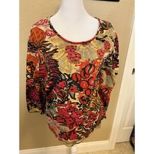 Chicos Vibrant Abstract Floral Print Knit Top, 3/4 Sleeves, Size 3-XL